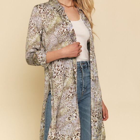 MYSTREE Animal Print Longline Button Down Tunic, Collared High-Low Shirt Dress - Picture 1 of 7